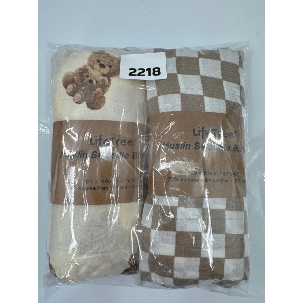 LifeTree Muslin Swaddle Blanket Set 2pk Bamboo Cotton Bears Checkered 47x47